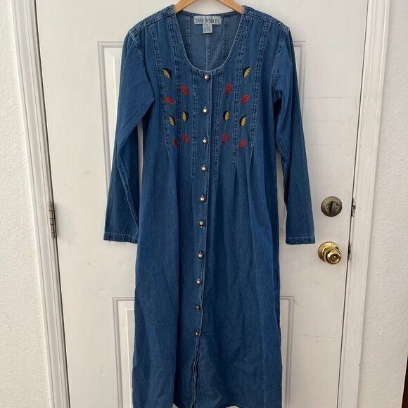 Vintage Jane Ashley Denim Embroider Leave Peasant Farm House Midi Dress Sz LR - Picture 1 of 6